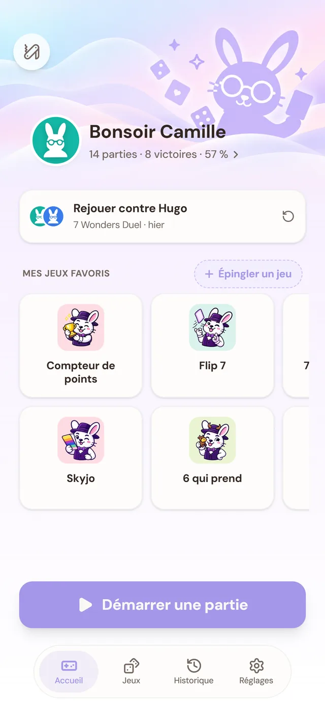 L'accueil de l'app : le bilan de Camille, 14 parties et 8 victoires, et ses jeux favoris.