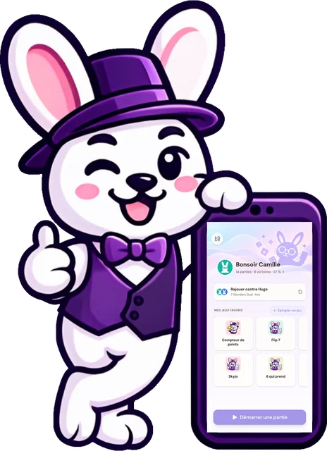 Le lapin de Point + Point, pouce levé, appuyé sur un téléphone qui affiche l'accueil de l'app.
